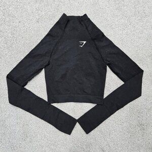 Gymshark Women's Long Sleeve High Neck Cropped Vital Spotted Black Top Shirt XS